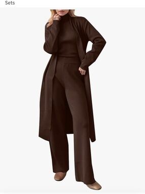 Women’s 3 Piece Lounge Set Brown Cardigan Tank Top Pants Outfit Travel Set